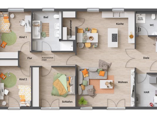 Grundriss des Bungalow 131 in der individuellen Variante 1, mit Eingang von der Giebelseite, optimaler Trennung von Eingangs-, Wohn- und Privatbereich, einer großen Diele mit Garderobe, geräumigem Wohnbereich und gleich großen Kinderzimmern.