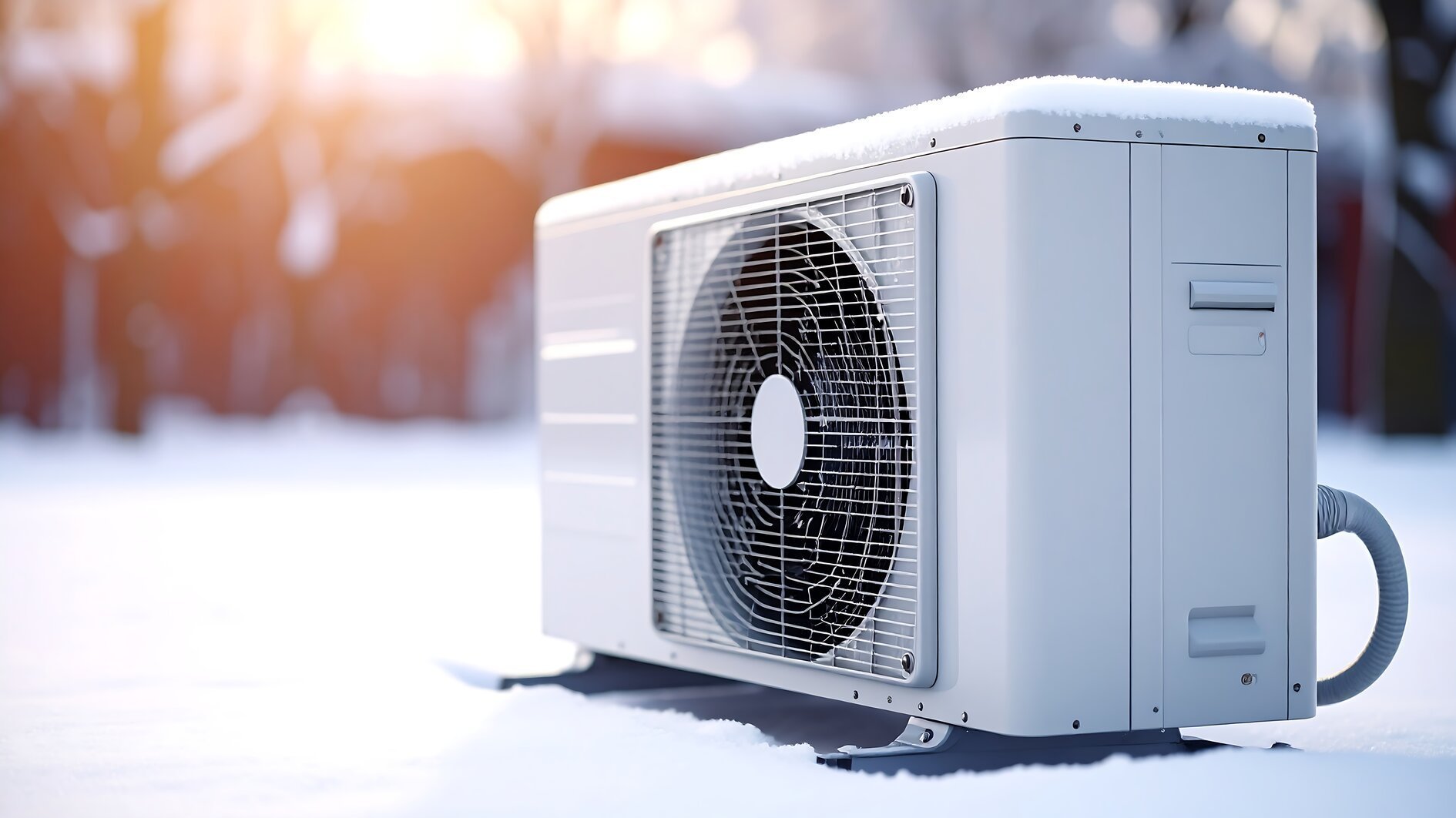 Outdoor heat pump unit in winter snow.
