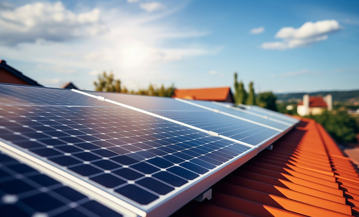 Photovoltaikanlage auf Flachdach – so geht Zukunft Moderne Photovoltaikanlage auf Flachdach, Symbol für nachhaltige Stromerzeugung auf dem Bungalow